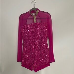 Weismann Dance or Festival Pink Sequin Long Sheer Sleeve Romper AL. NWT